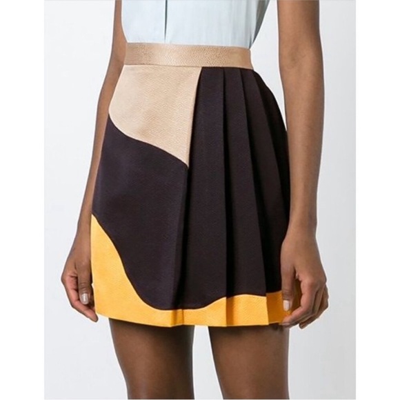 MSGM Swirl Wavy Stripe Print Pleated Skirt Gold Navy Colorblock Size 40 US 4 - Picture 2 of 15